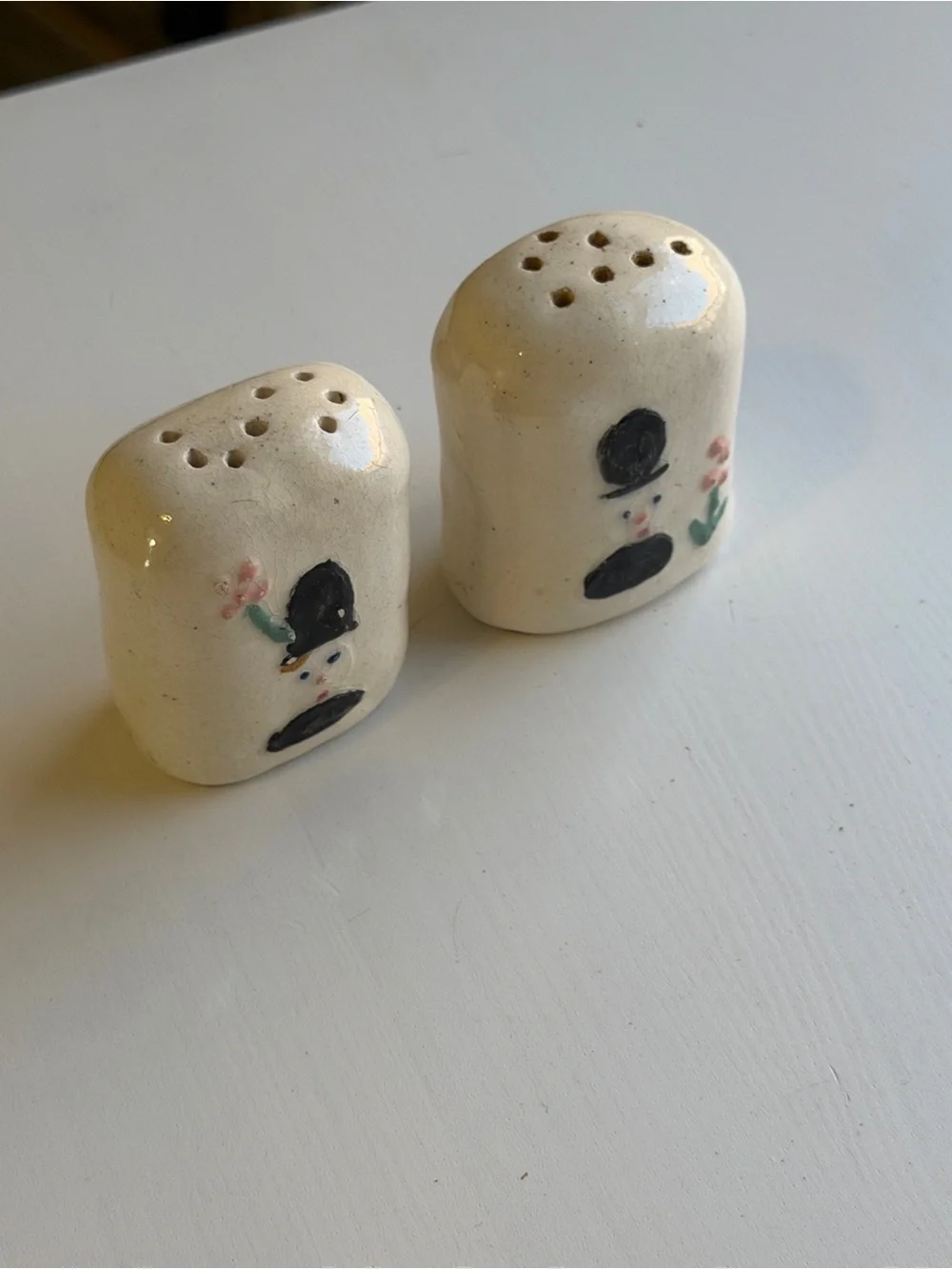 Vintage Ceramic Tombstone Salt & Pepper Shakers - Floral Gravestone Man & Woman